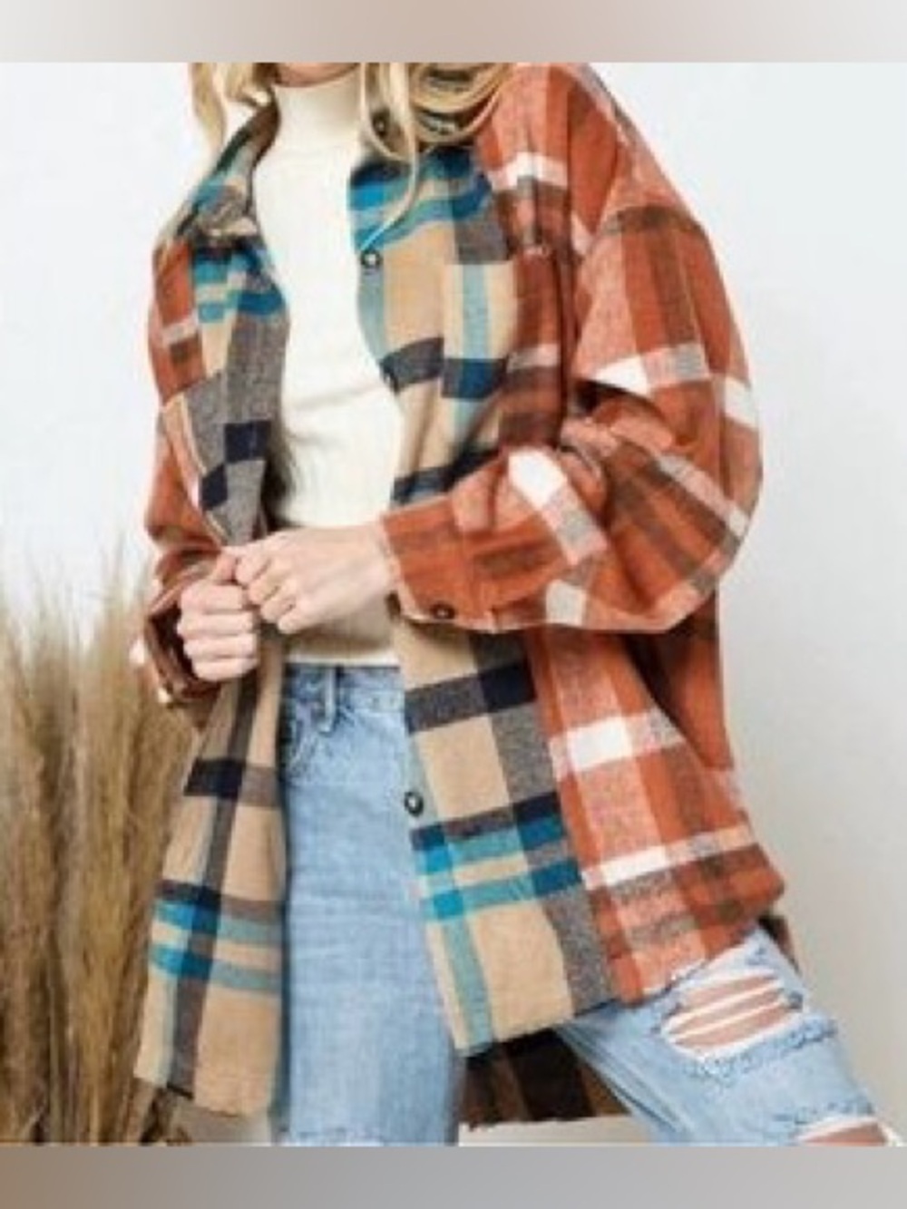 NWT Blue B Multi Color Plaid Raw Edge Shacket